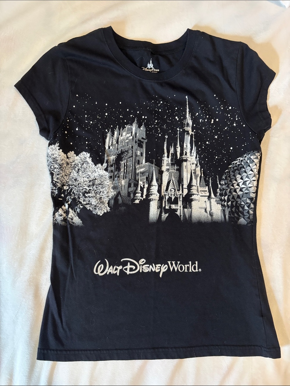 Disney Black Graphic Tee with White glitter Disney icons